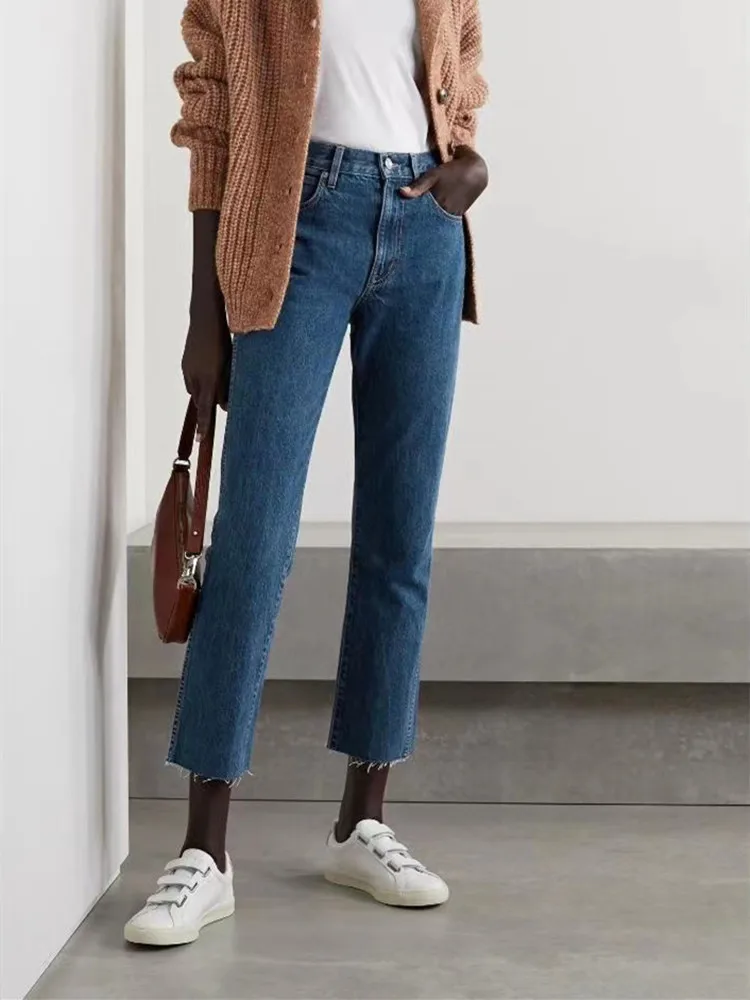 

Женские джинсы с необработанными краями, однотонные осенние джинсовые брюки с карманами и высокой талией