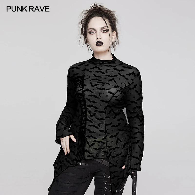 

PUNK RAVE Women's Gothic Bat Mesh Small High Collar Long Sleeve Basic T-Shirt Irregular Hem Design Club Sexy Dark Tops