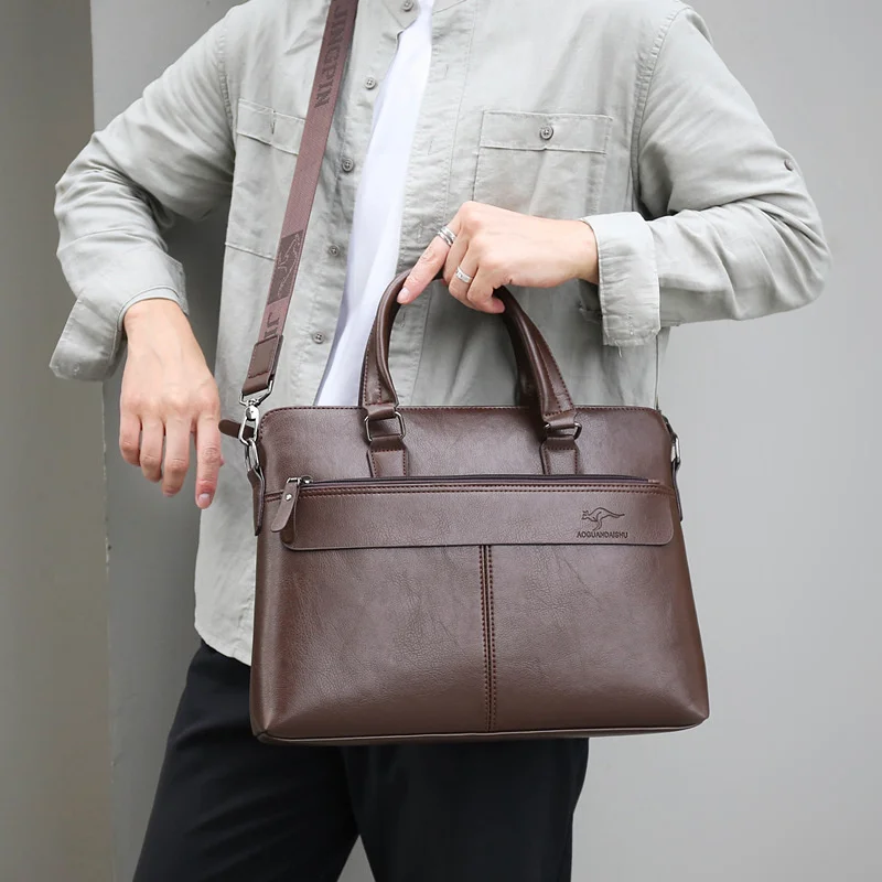 

high quality luxury brand Horizontal men's computer bag Business type male kangaroo briefcase 2023 new soft leather shoulder han