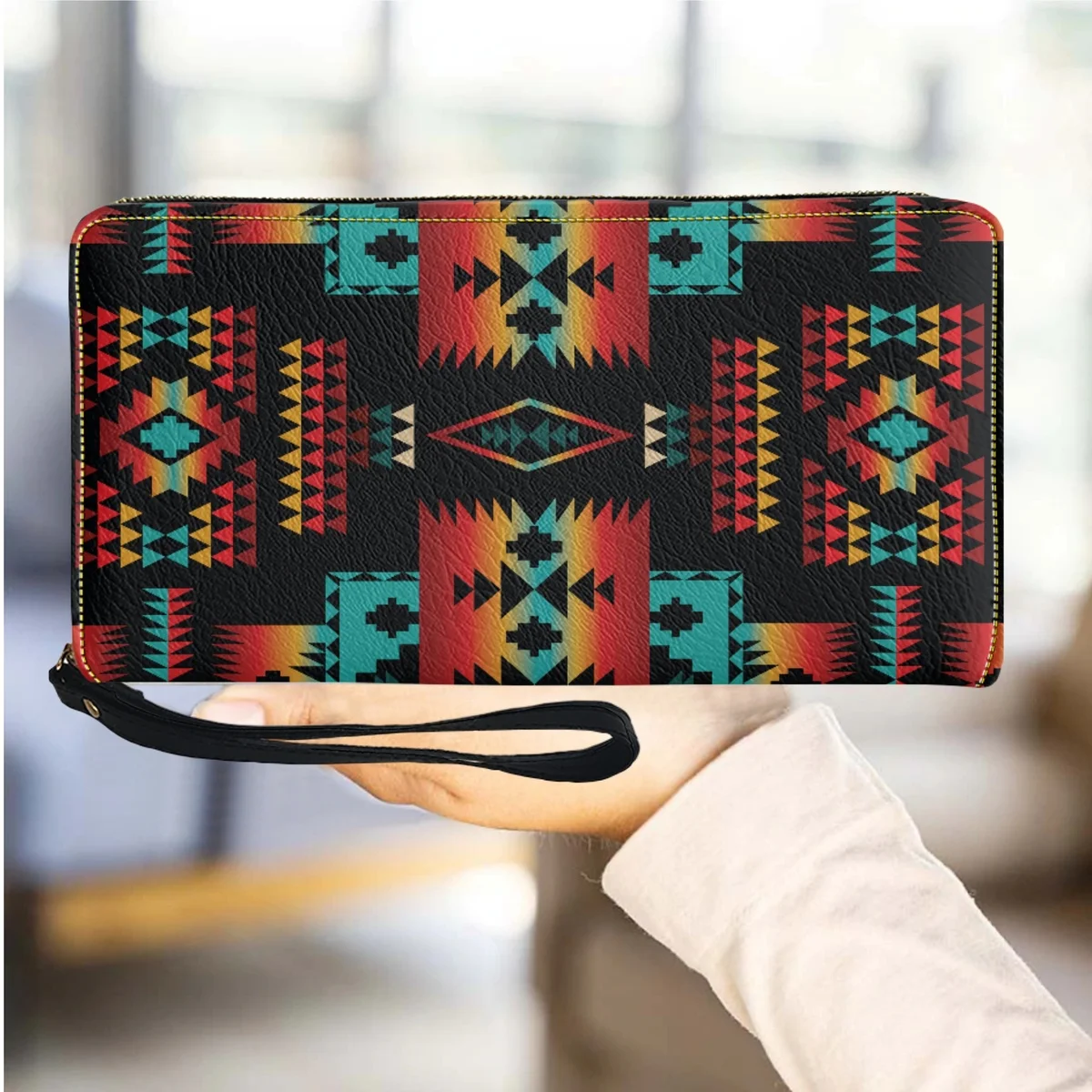 Tribal Aztec Print Leather Wallet for Women Casual Wrist strap Women's Purse Zipper Credit Card Holder Female carteras de mujer