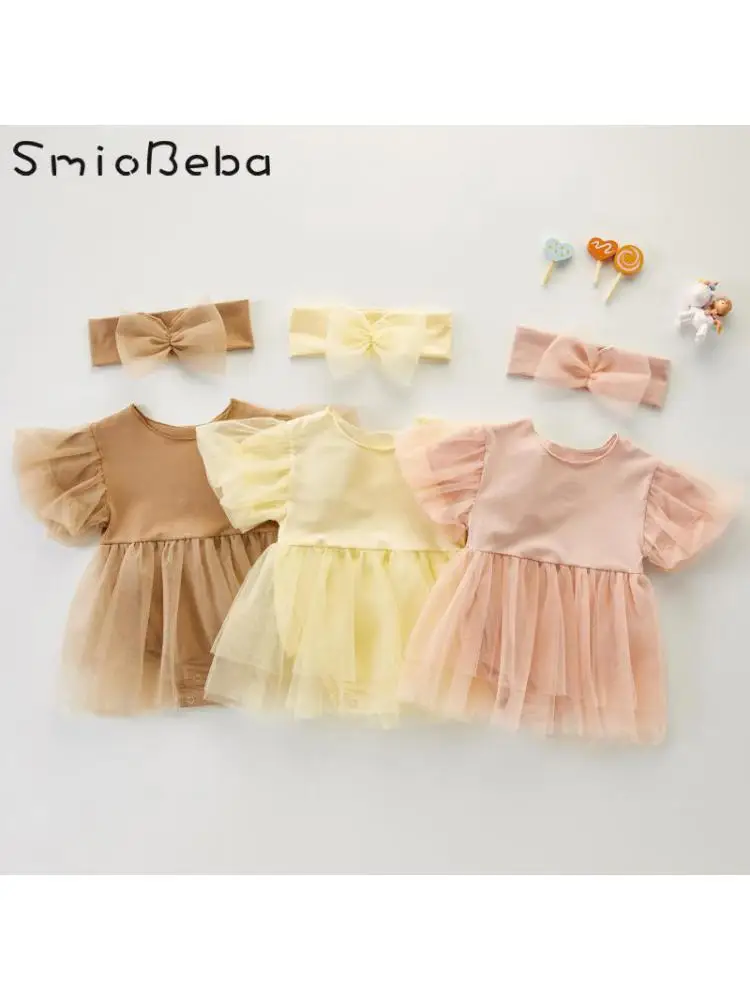 

2022 Korean Version Bodysuits With Headband Centenary Banquet Princess Climbing Clothes Bubble Sleeve Fluffy Gauze Skirt 1-3Year