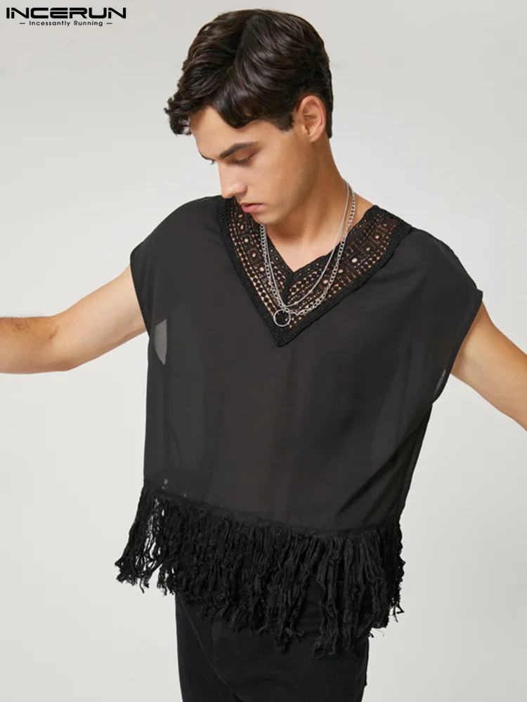 

Party Nightclub Style Men's Tassel Tops INCERUN See-through Mesh T-shirts Casual Streetwear All-match V-neck Camiseta S-5XL 2022