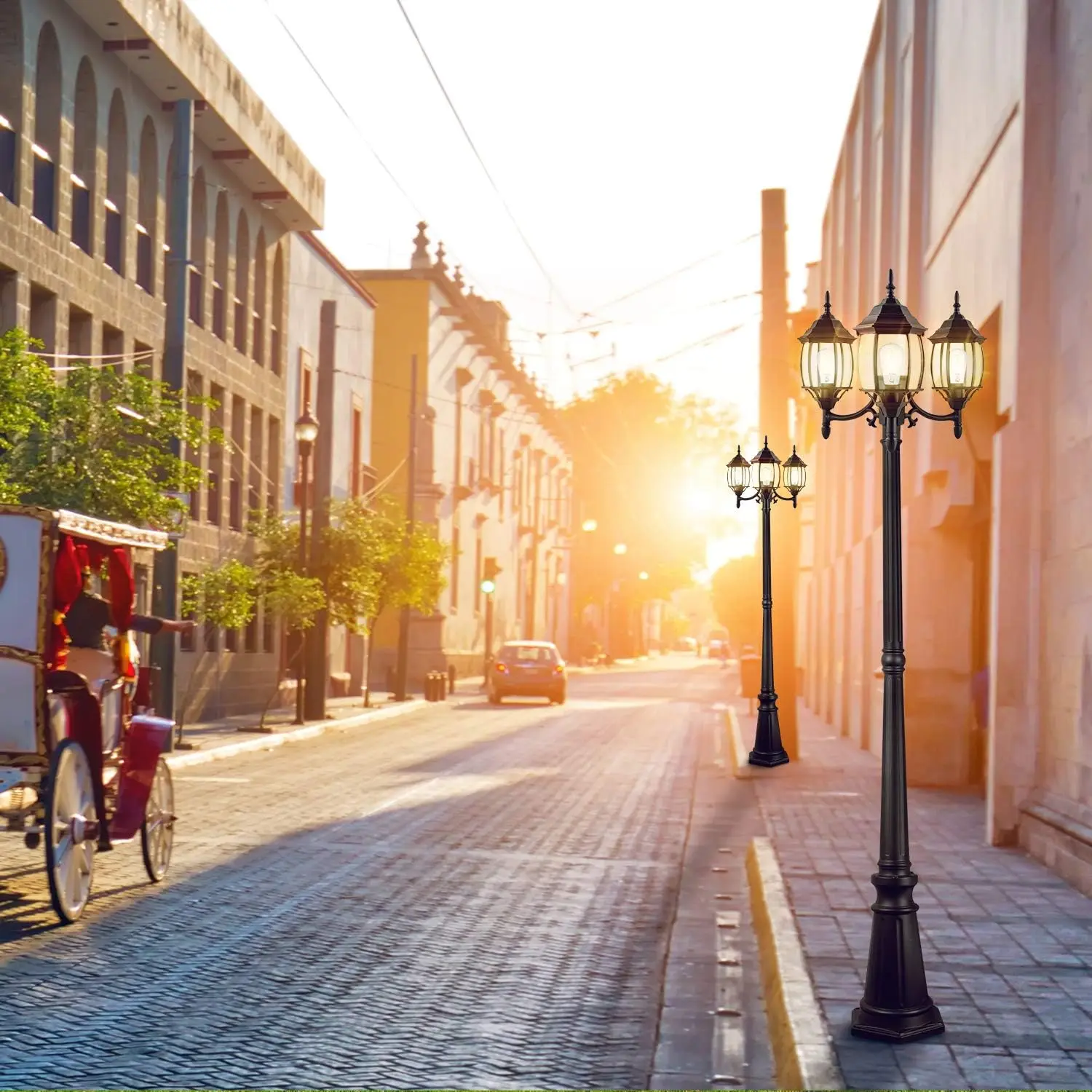 Уличные фонари GARWARM Уличный фонарь с 3 головками классический черный световой