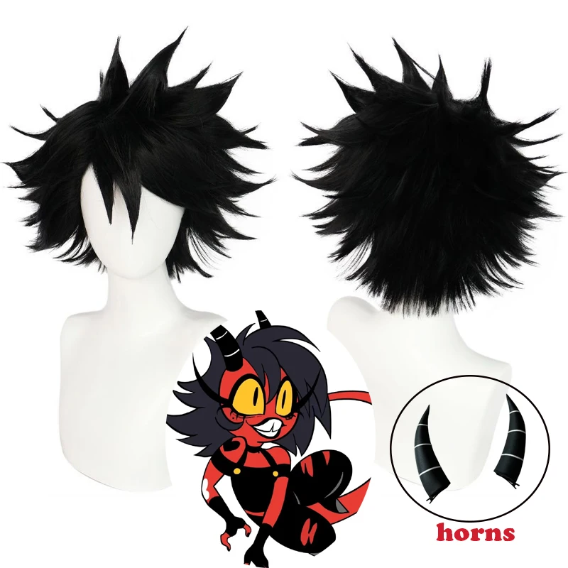 Helluva Cos Boss Косплей миллие парик аниме черные парики на рога женский костюм