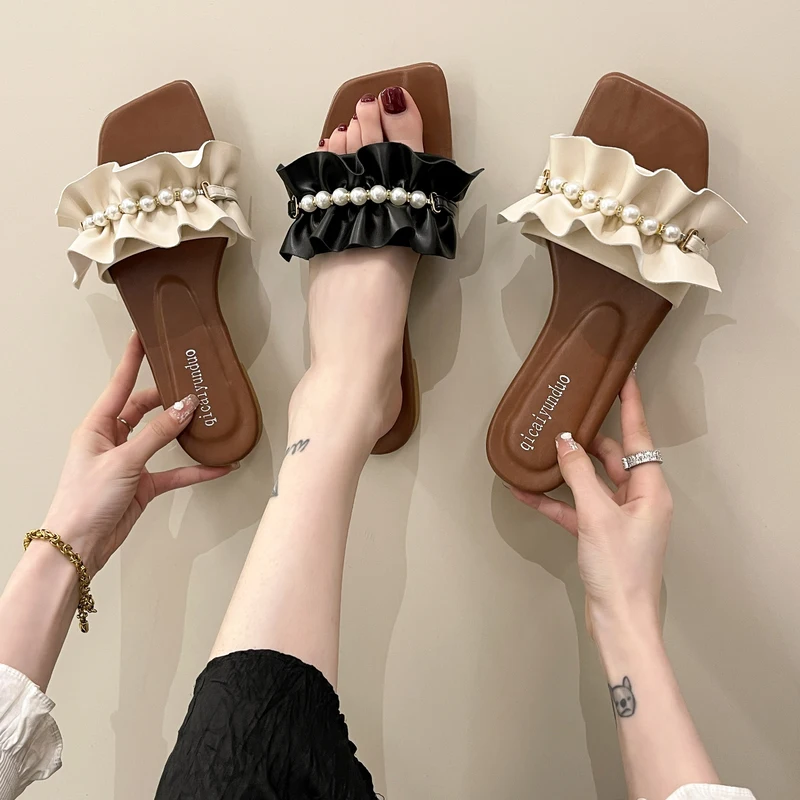 

Flat Shoes Female String Bead Low Lady Slippers Casual Slipers Women Slides Girl Luxury 2022 Soft Summer Basic Rubber Rome PU