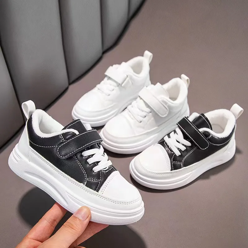 White Children's Sneakers Boys' Flat Casual Shoes Girls' Black PU Leather Fashionable Comfortable Children's Outdoor Shoes