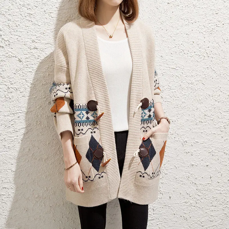 Long jacquard women knitted cardigan 2YK Korean fashion loose jumper jacket with casual long sleeve knitted jumper