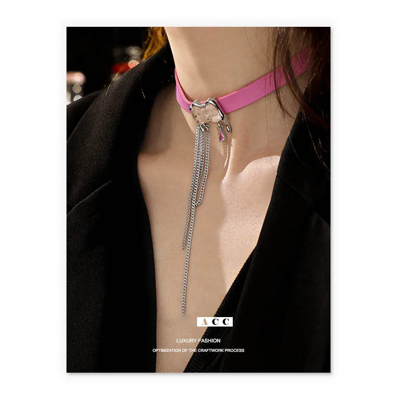 

ins sweet cool tassel chain pink leather rope resin zircon bow necklace girls punk rock choker