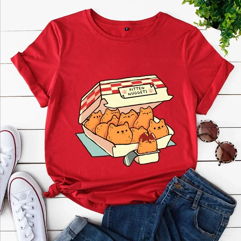 Y2k мультяшная футболка с изображением котят Nuggets фаст-фуд Кот Печать Женская утка