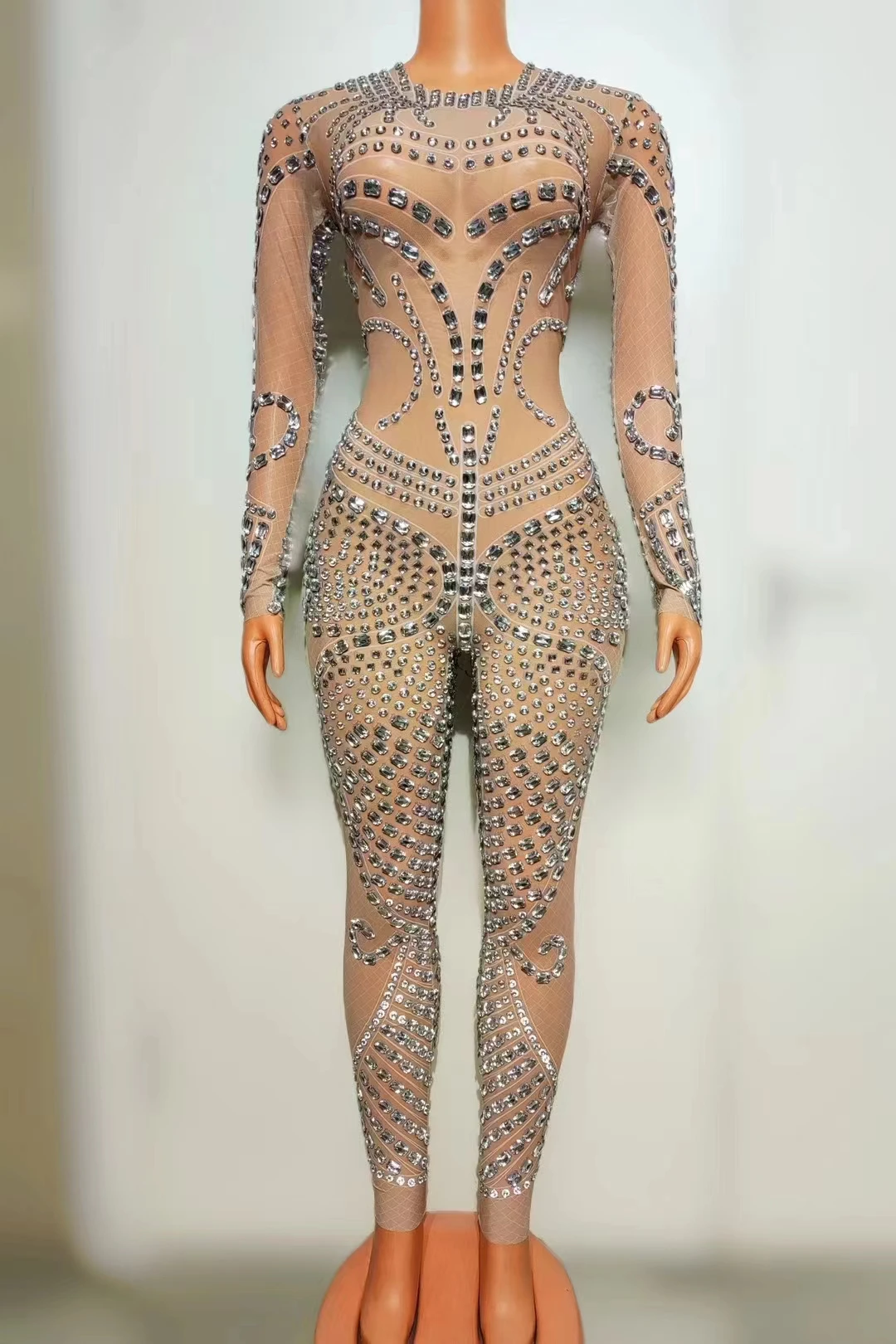 Женский стрейчевый комбинезон со сверкающими бриллиантами и блестками для