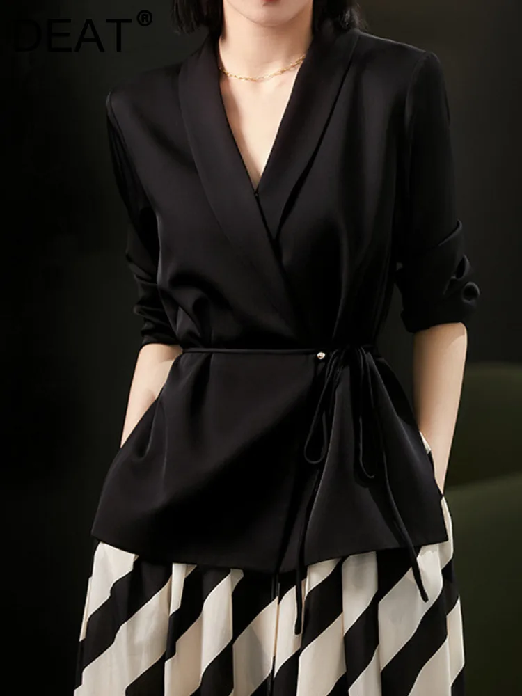 

Женский свободный Блейзер DEAT, однотонный Тонкий Блейзер с воротником-шалью и поясом, Новинка лета 2023, 17A9298