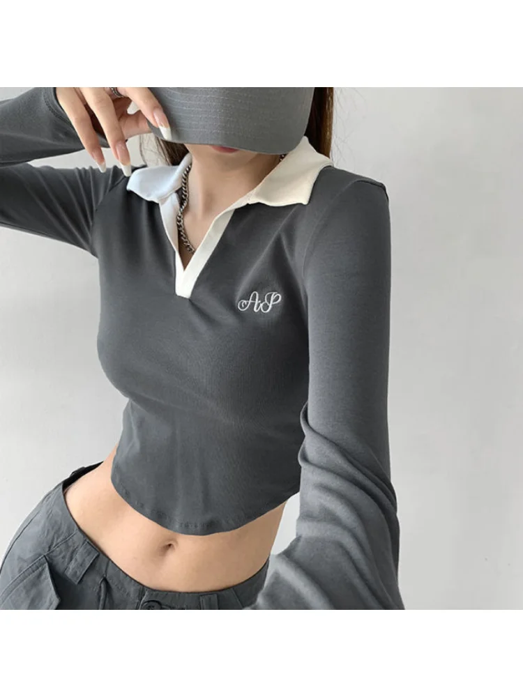 

2023 HOUZHOU Harajuku Gray Long Sleeve Tshirts Women Y2K Vintage Basic Letter Skinny Corset Polo Collar Crop Tops Korean