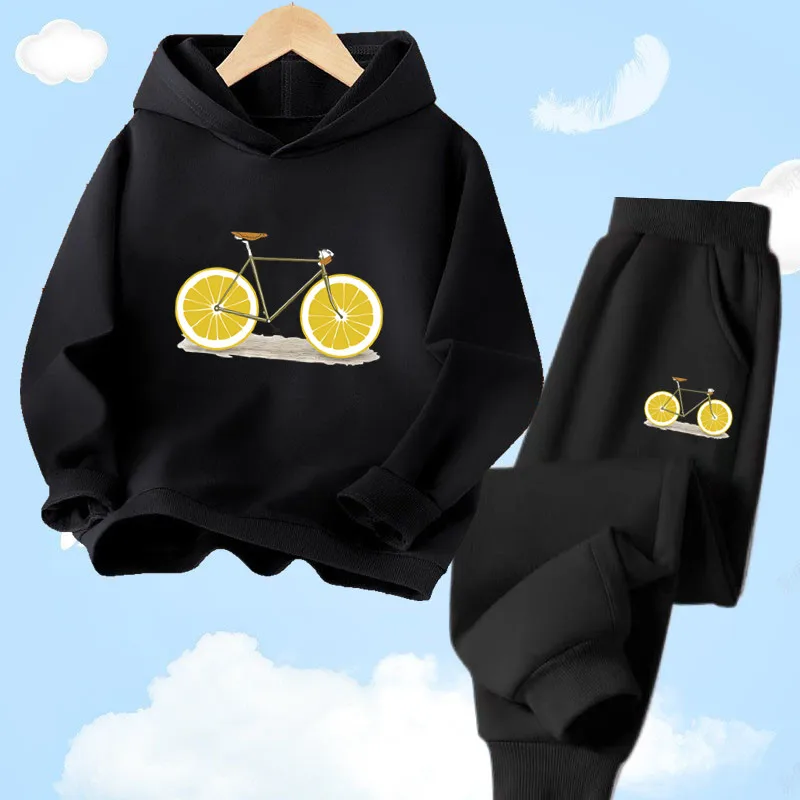 

Модные новые детские толстовки с капюшоном с принтом лимона и фруктов для мальчиков, весенний свитшот, длинные брюки, комплект одежды из 2 предметов, одежда для мужчин