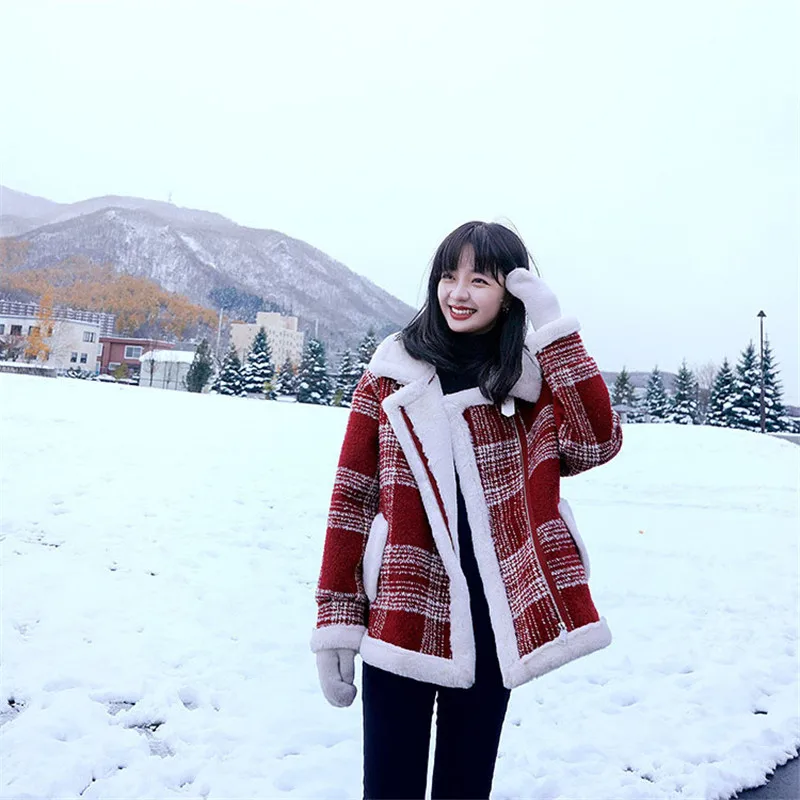 Black Stitching Plaid  Velvet Lapel Winter Clothing Short Fashion Faux Fur Coat Women's Cotton Jacket Woolen Coats Thicker