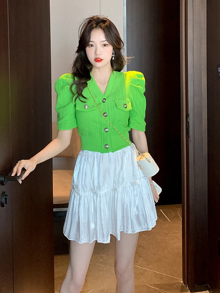 

Женский Повседневный комплект из 2 предметов, милая рубашка с V-образным вырезом и рукавами-фонариками и мини-юбка с высокой талией на лето