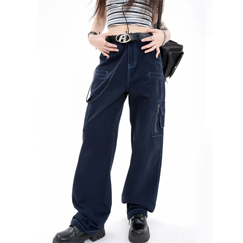 

Женские джинсовые брюки, синие джинсовые комбинезоны на молнии с карманами, винтажные уличные джинсовые брюки с широкими штанинами в американском стиле для осени