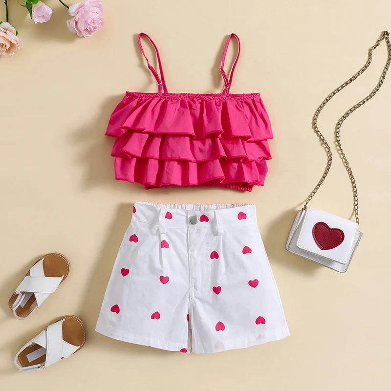 

Модный детский костюм для девочек 1-6 лет, повседневные женские топы без рукавов и шорты с принтом в виде сердца
