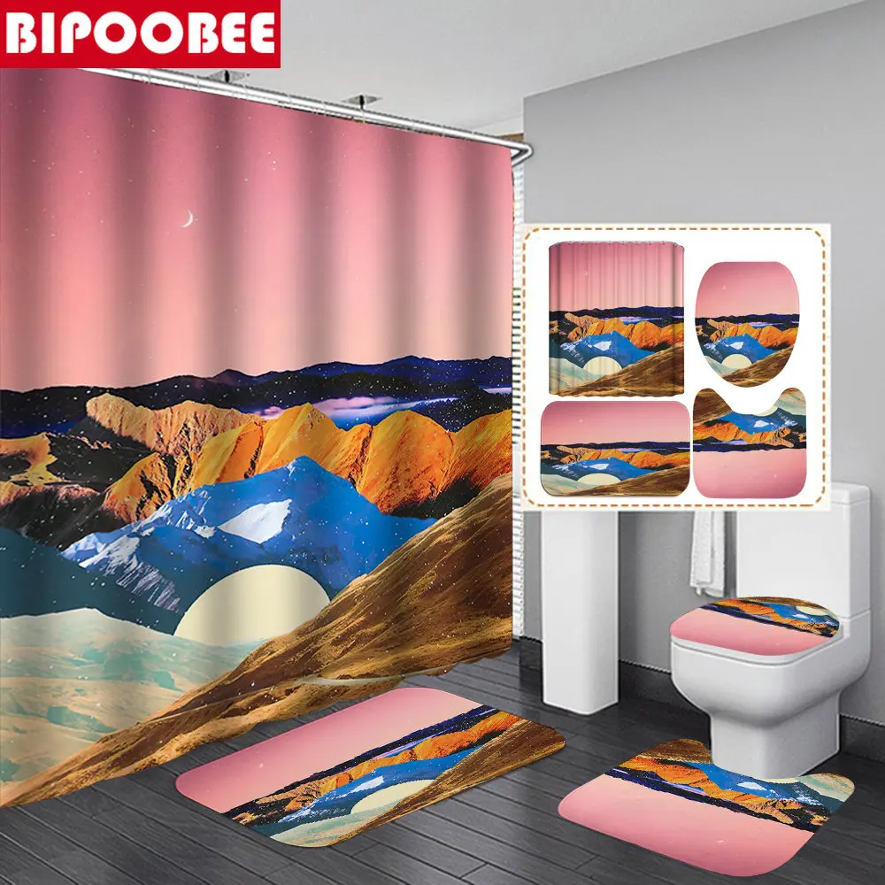 

Desert Shower Curtains Abstract Natural Scenery Bath Mats Set Waterproof Fabric Bathroom Curtain Toilet Lid Cover Non-Slip Rugs