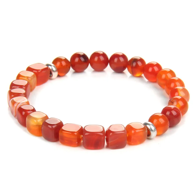 

Reiki Red Agates Stretch Bracelets For Women Men Square Round Beads Bracelet Hematite Rose Golden Color CZ Crown Bangle Jewelry