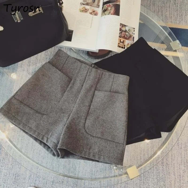 

Woolen Shorts Women Retro Warm S-6XL High Waist Short Elegant Ulzzang Pocket Solid Gray All-match Baggy Trouser Woman Streetwear
