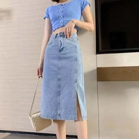 korean fashion slit denim skirt ins summer skirts woman fashion 2022 casual solid mid calf empire skirts for women harajuku