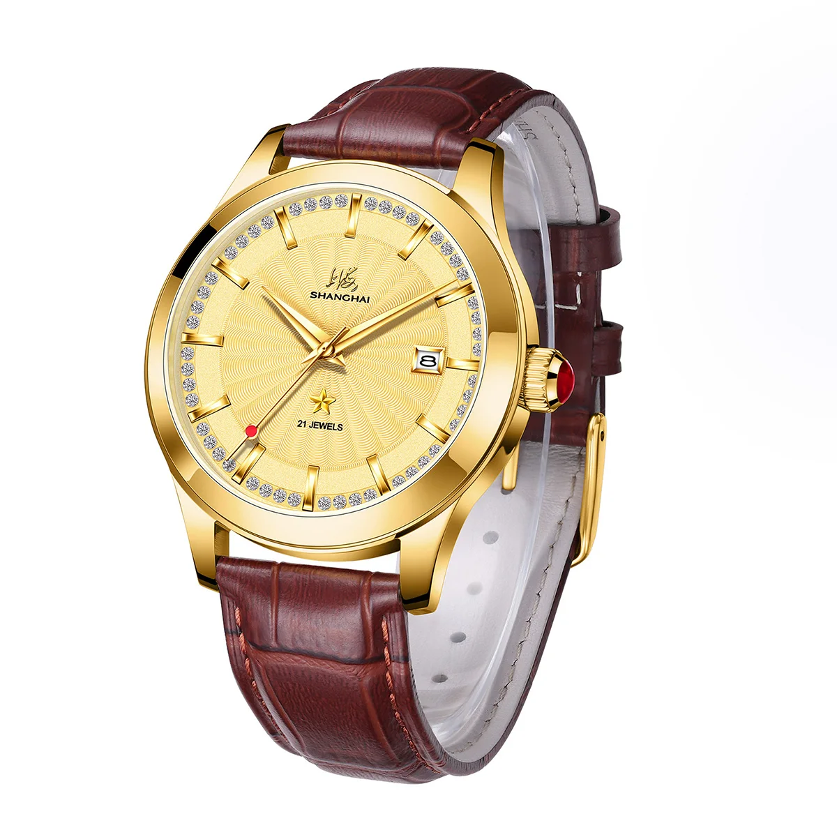 Фото Мужские наручные часы Shanghai Watch 18K Gold Star, 41 мм, с сапфировым стеклом, автоматическим механическим механизмом, календарем, кожаным ремешком, S8933 №3