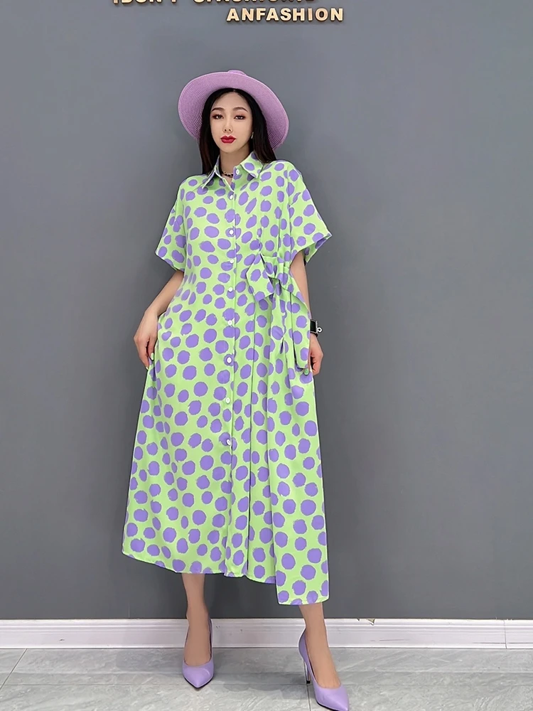 

SuperAen 2022 Summer New Fashion Casual Printing Turn Down Collar Shirt Chiffon Loose Oversized Dress for Women