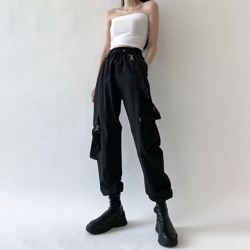 

WeiYao Fashion With Belt And Pockets Gothic Cargo Pants Black Hip Hop High Waist Autumn Women Trousers Loose Leg Streetwear