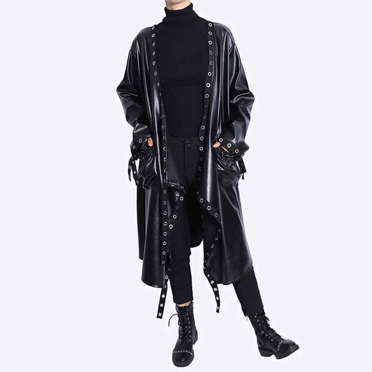 Yeezzi Women's jacket Fashion PU Black Outerwear Loose Batwing Sleeves Simple Casual Long Coats For Women 2022 New