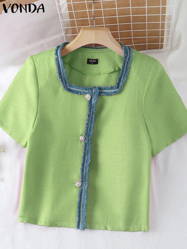 Elegant Office Blazer 2023 VONDA Women Summer Short Sleeve Ribbon Patchwork Coats Casual Solid Color Buttons Tops Streetwear