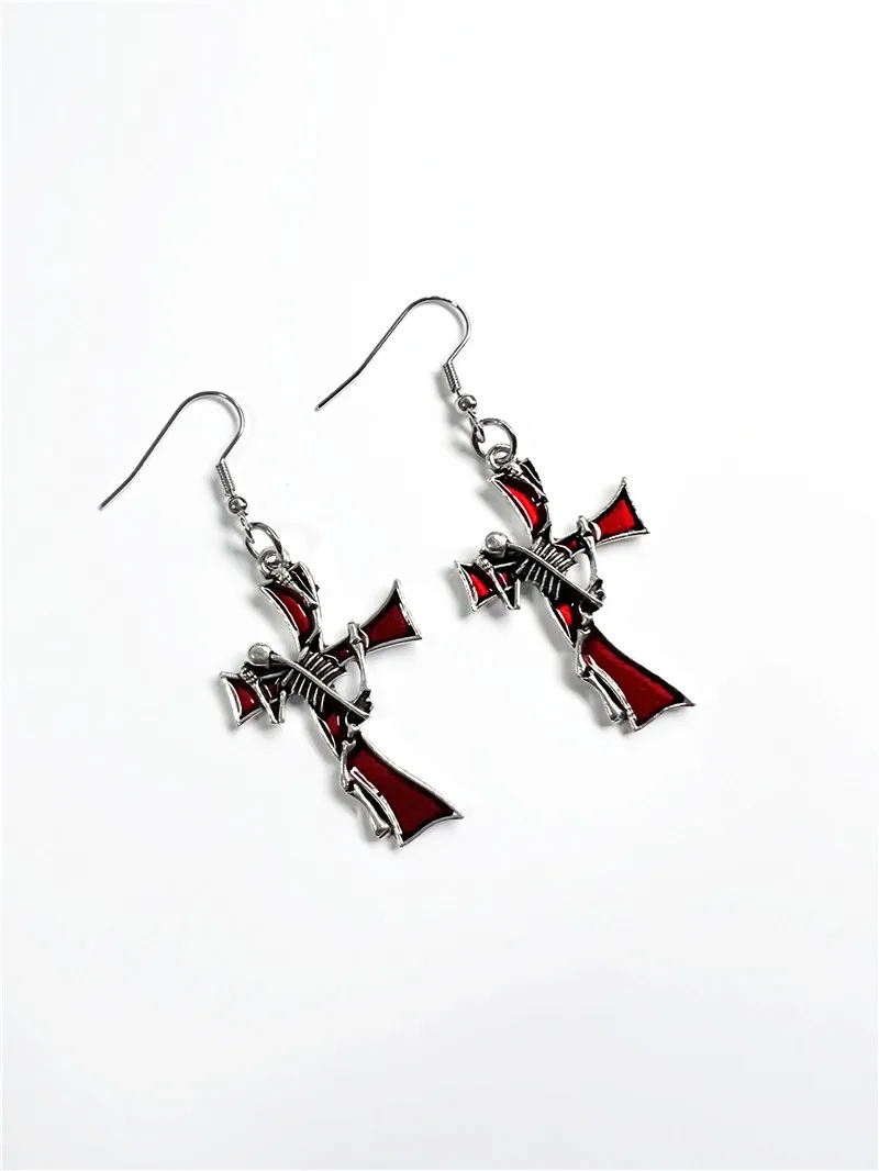 

New Fashion Gothic Earrings Punk Style Cross Pattern Skull Red Oil Drop Earrings Upside Down Pendant Jewelry Gift