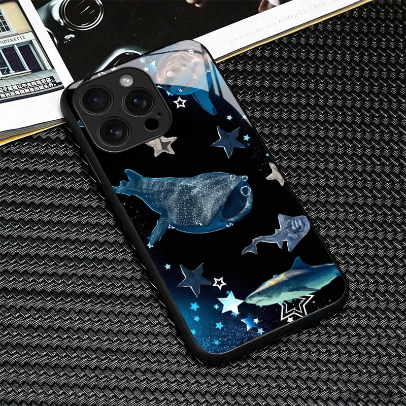 Противоударный чехол из закаленного стекла Ocean Whale Shark для iPhone 13 14 15 16 17 Pro Max 17E 16E 12 11 XS 7 Plus Air (art.: 3920db254dcba) - 3920db254dcba