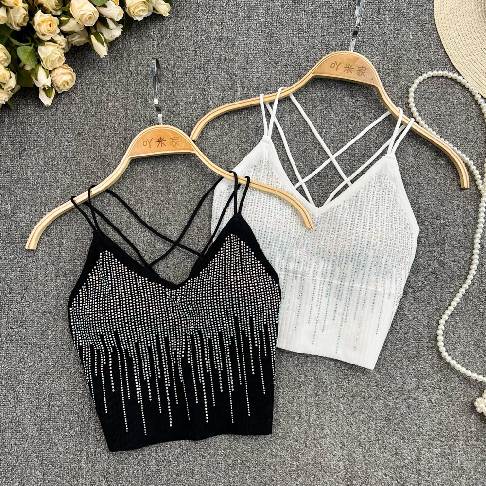 

Spaghetti Strap Tank Camis For Women Sexy Criss-Cross V Neck Beading Corset Crop Tops With Built in Bras Woman Tanks Camisoles