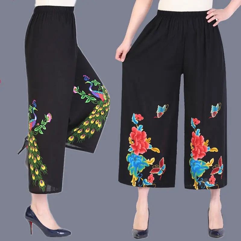 

2022 Spring Summer Middle Aged Women Wide Leg Pants Vintage Loose Casual Flowers Print Elastic Waist Cotton Linen Trousers J03