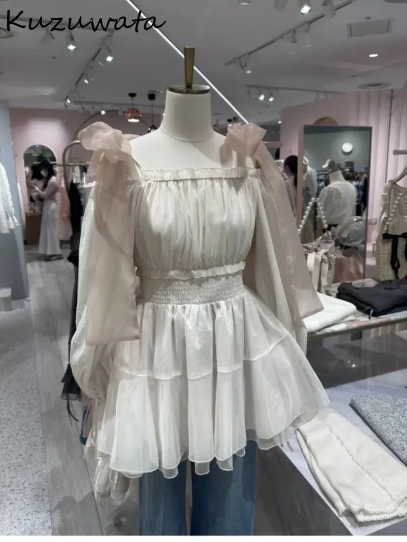 Kuzuwata Sweet Slash Neck Puff Sleeve Рубашка средней длины с открытыми плечами и бантом на