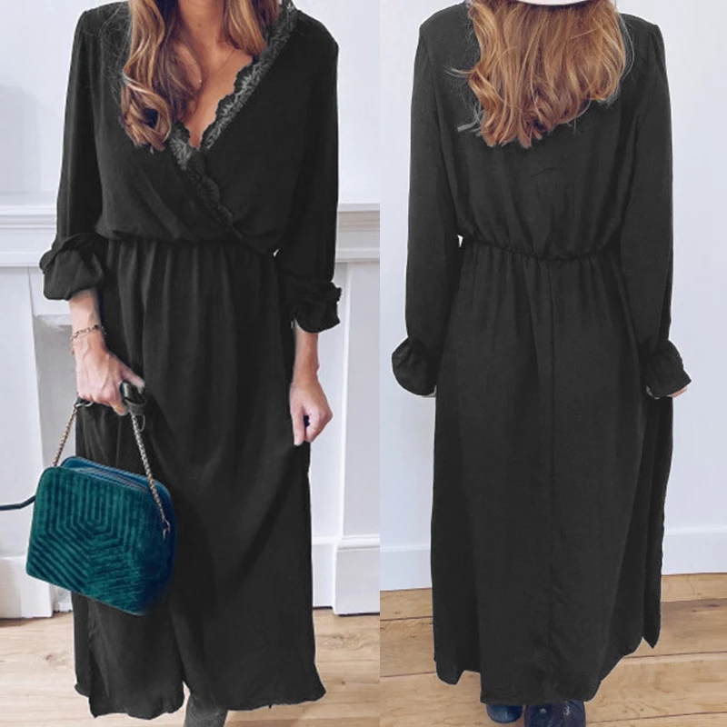 

ASDS-Fashion Women Elegant Dress Lace Sexy Deep V-Neck Long Sleeve Dresses Party Dress