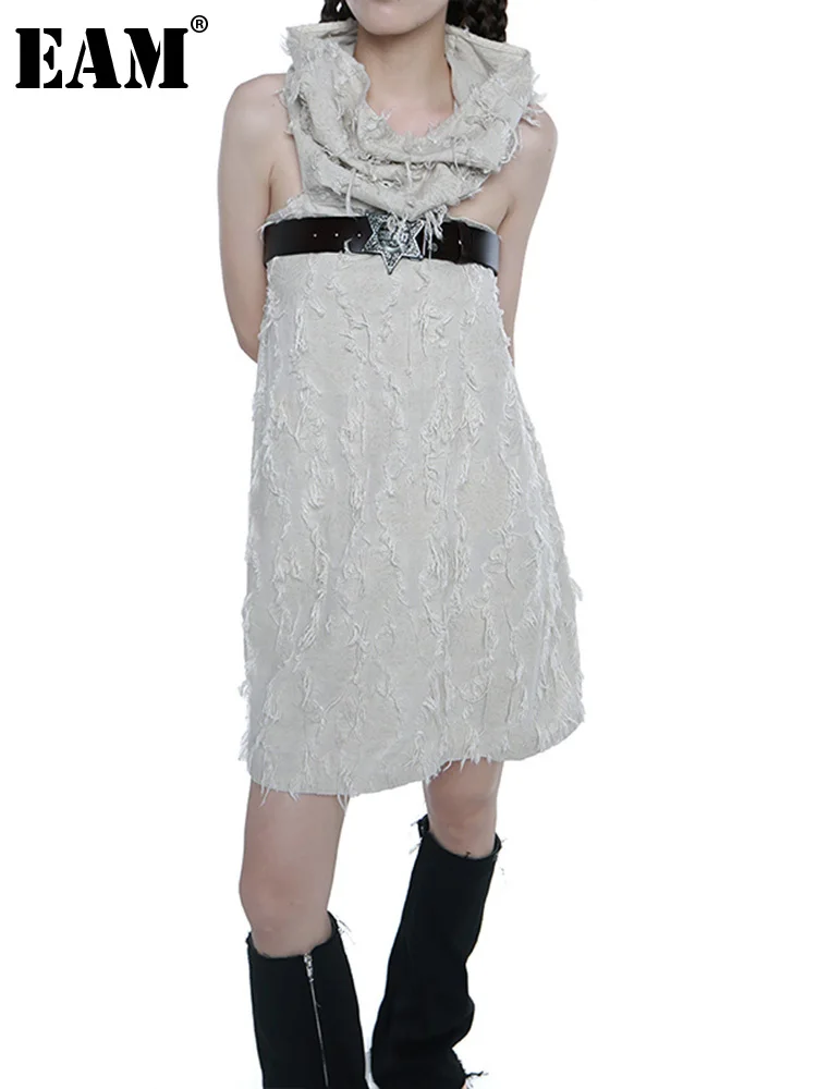

[EAM] Women Apricot Tassels Backless Mini Dress New Pile Collar Sleeveless Loose Fit Fashion Tide Spring Summer 2023 1DE9299