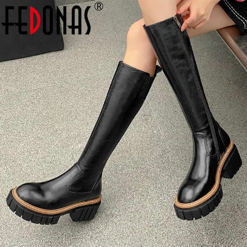 

Женские сапоги до колена FEDONAS, черные сапоги из натуральной кожи на платформе и толстом каблуке, повседневная обувь на осень и зиму