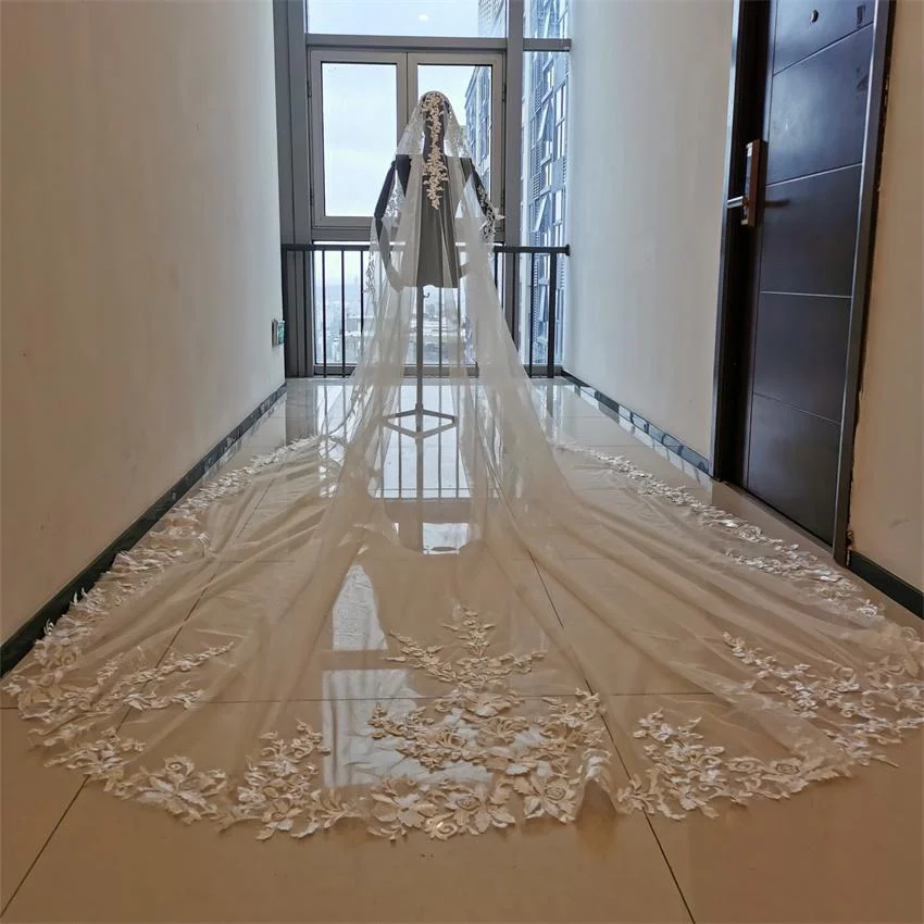 Фата свадебная длинная, Тюлевая с гребнем, для невесты, с кружевной каймой, 5 м, 4 м, 3 м, белый/цвет слоновой кости