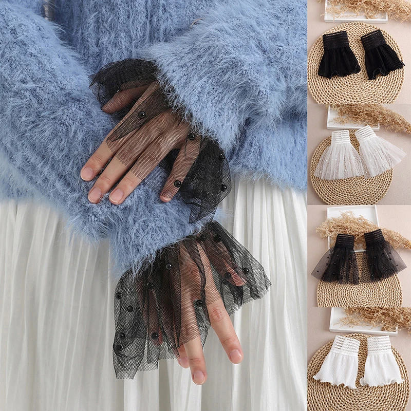 

1 Pair Women Girls Fake Flared Sleeves Double Layer Lace Pleated Ruched False Cuffs Sweater Blouse Wrist Warmers