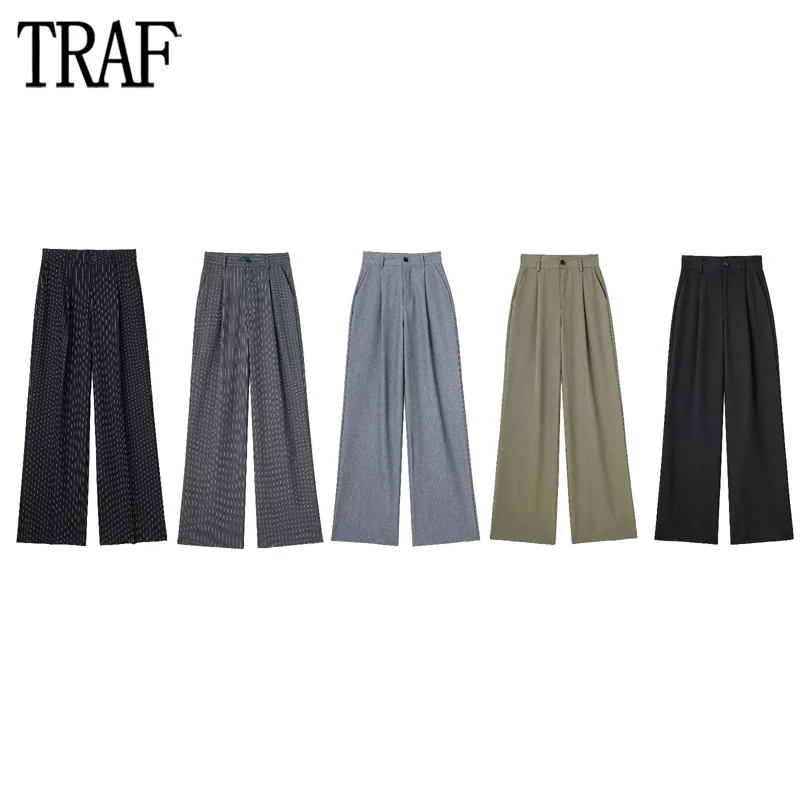 

TRAF Wide Leg Pants Women Pleated High Waist Trousers Women Streetwear Baggy Pants Woman Summer 2023 Striped Pants for Women