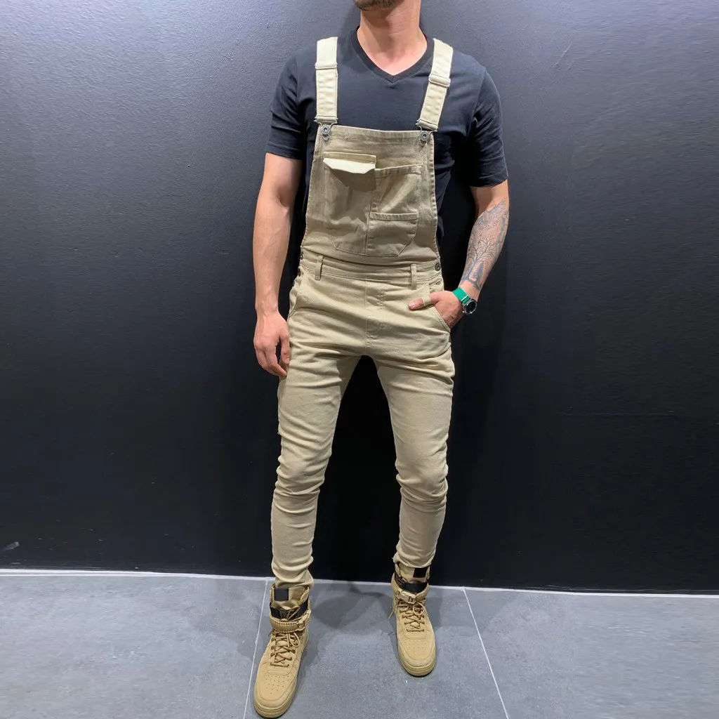 Mens Pocket Jeans Overall Jumpsuit Streetwear Overall Suspender Pants
