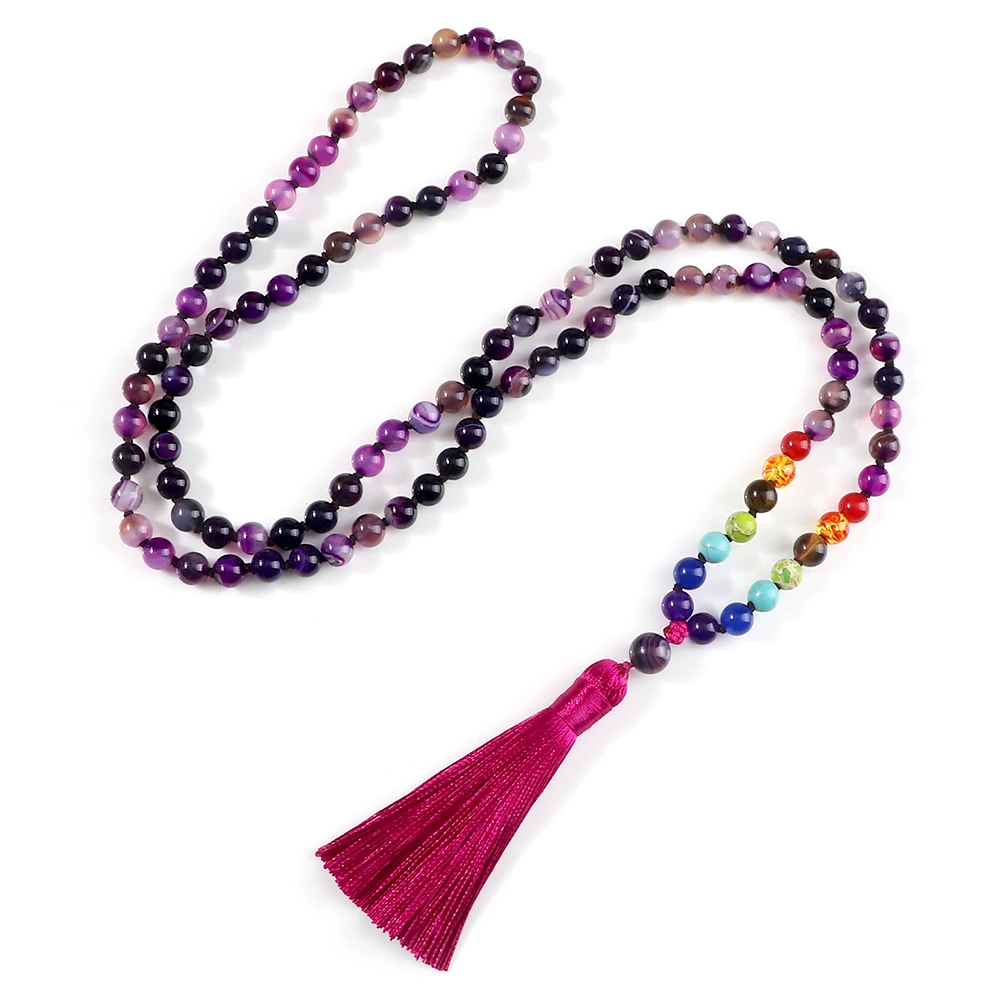 

108 Mala Necklace 8mm Natural Purple Stripe Onyx Stone Beads 7 Chakra Reiki Healing Engry Necklace Women Yoga Meditation Jewelry