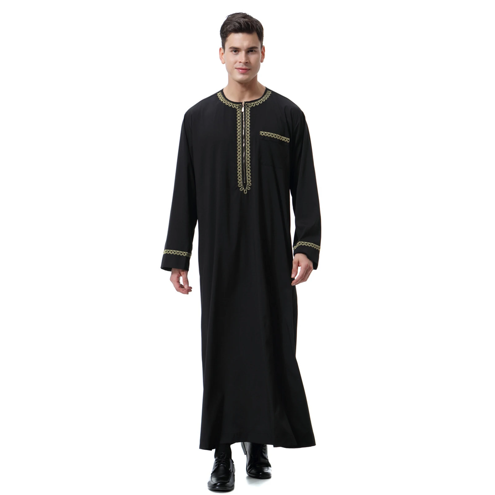 

Muslim Men's Islamic Dubai Robe - Zipper O-Neck Long Sleeve Arab Thobe Saudi Style Dishdasha Kaftan Middle East Ethnic Kandoura