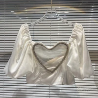 2022 summer new classic style heart shape rhinestone short puff sleeve shirt women zipped behind blouse ladies top