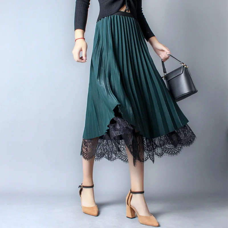 

Korean High Waist Gauze Skirt Women's 2022 New Solid Color Pleated Skirt with Lace Both Sides Elegant Faldas Largas Mujer