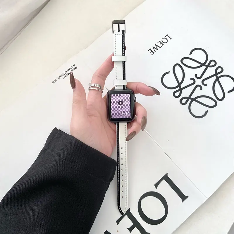 Фото Ремешок кожаный для Apple Watch Band, черный белый браслет для iWatch Series 8 7 6 SE 5, 45 мм 41 мм 44 мм 42 мм 40 мм 38 мм №4
