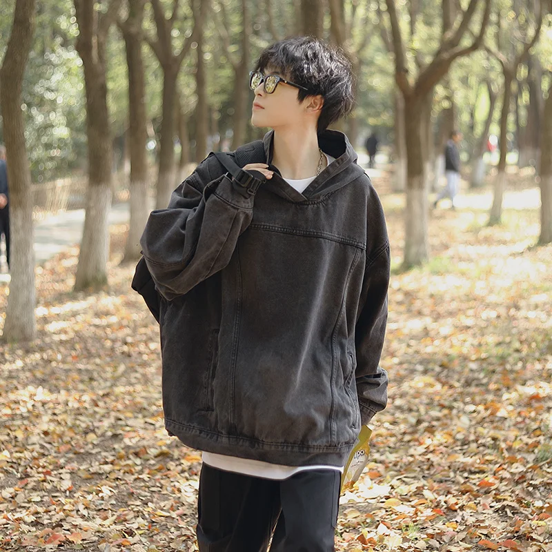 

Korean Pullover Denim Jacket Men Oversized Fashion Vintage Hooded Jacket Mens Streetwear Hip-hop Loose Bomber Jacket Men Hoodies