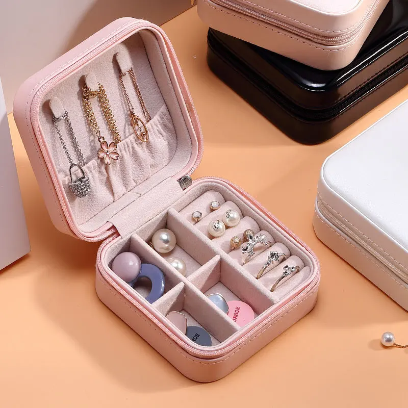 

Hot Travel Jewelry Box Leather Zipper Organizer Display Storage Case Jeweler Casket Earring Ring Necklace Gift Box Drop Shipping