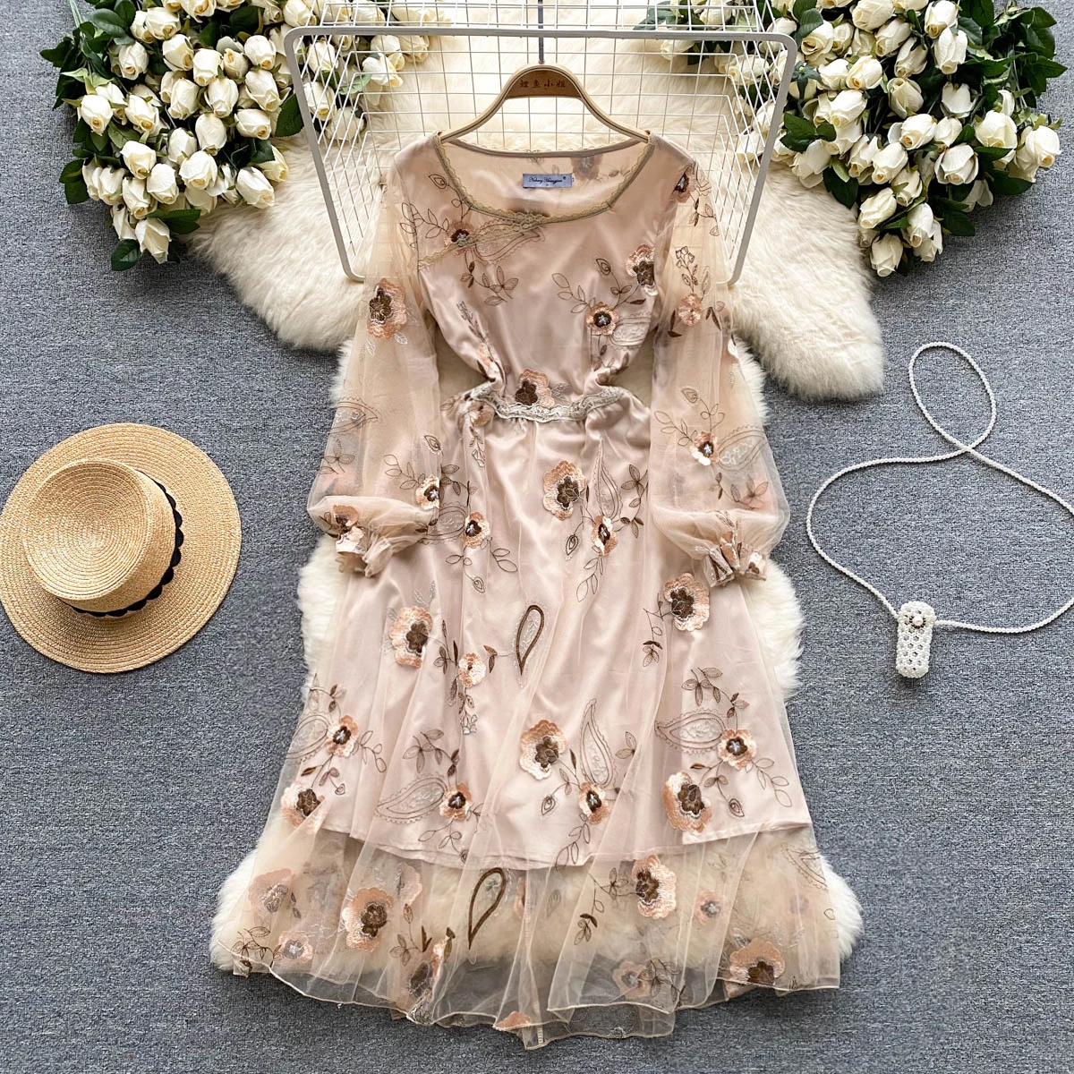 

French Court Gauze A-line Dress Women New Fashion Summer Embroidered Long Sleeve Chic Party Clothing Vestido Feminino K885